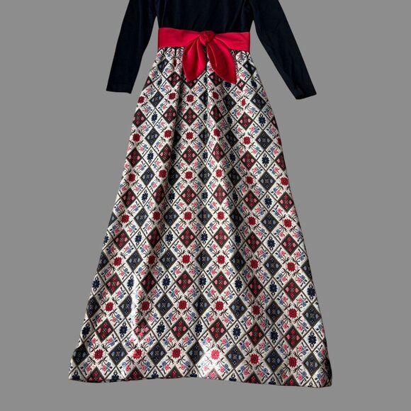 Vtg 70s Holiday Maxi Dress Black Bodice Bow Waistband Floral Jaquard Skirt 0 2 - Picture 5 of 10